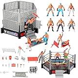 32Pcs Wrestling Toys for Kids, Wrestlers Playset with 12 Wrestling Action Figures, 2 Wrestling Ring, Many Realistic Accessories, Toy Figures & Playset Gift for 2 3 4 5 6 Boys Girls, Cool Cake Toppers