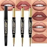 evpct 3Pcs Chestnut Nude Brown Matte Lip Liner and Lipstick Combo Set Kit for Women DNM Antique Rose Magic Lipstick 24 Hours Original Lip Liner Makeup Stain Long Lasting Waterproof Smudge Proof labial