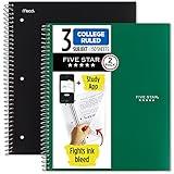 Five Star Spiral Notebooks + Study App, 2 Pack, 3 Subject, College Ruled Paper, 8-1/2" x 11", 150 Sheets, Fights Ink Bleed, Water Resistant Cover, Black, Green (820191)