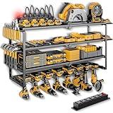 Power Tool Organizer, Quick Assembly & Max 200lb Load With 6 Outlet Power Strip, 8 Slots 4 shelves for Cordless Drill Holder Wall mount in Garage/Workshop/Pegboard/Shed Suitable for Father's Day