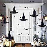 Vellibring 6 PCS Halloween Black Witch Hats Decoration Hanging Witch Wizard Hats Bulk with 3D Bats Wall Stickers for Halloween Party Costume Accessory Indoor Outdoor Yard Porch Decor