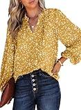 Dokotoo Womens Oversizes Cute Tops for Women 2024 Trendy Casual Summer Fall Smocked Long Sleeve Shirts V Neck Blouses Alicia Floral Flowy Print Work Business Top Yellow XX-Large