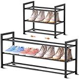 Bumusty 3-Tier Expandable Shoe Rack for Closet, 18“-33” Adjustable Shoe Rack for Small Space, Small Shoe Organizer for Front Door, Sturdy Metal, Black