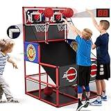 HYES 2 in 1 Dual Shot Basketball Arcade Game with 2 Dart Boards/Electronic Scoreboard/LED Light, Kids Basketball Hoop for Home Indoor Outdoor, Sport Toys Gifts for Boys Girls Ages 3-12 Years Old