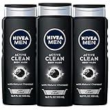 Nivea Men DEEP Active Clean Charcoal Body Wash, Exfoliating Body Wash for Men with Natural Charcoal, 3 Pack of 16.9 Fl Oz Bottles