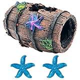 GSD Star-Fish Broken Barrel Decor Resin Betta Fish Tank Accessories Ornaments for Fish Cave Hide Tank Decorations, Broken Barrel x 1pc, Blue Star Fish Ornaments x 2pcs