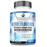 Biotin 20,000mcg with Keratin, Organic Coconut and Zinc, Hair Growth Supplements, Biotin Supplements, Healthy Hair Skin & Nails for Adults, No Filler, No Stearate, 120 Vegan Capsules, 120 Day Supply