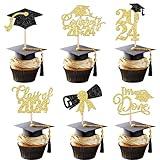 24 PCS Glitter 2024 Graduation Theme Cupcake Toppers Diploma Grad Cap Done Congrats 2024 Cupcake Picks Class of 2024 Cake Decorations for 2024 Graduation Theme Party Supplies Gold