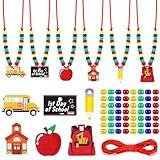 Equsion 24 Sets Back to School Bead Necklace Crafts Kit Welcome First Day of School Craft Gifts for Kids Apple School Bus Shape Beads DIY Necklace Supplies Party Favor