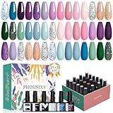 PHOENIXY 24 PCS Gel Nail Polish Kit, Summer 21 Colors 8ml Gel Nail Polish Set with Base Glossy Matte Top Coat Blue Pink Purple Flash Nail Polish Set Manicure Starter Kit Gifts for Women