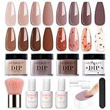 AZUREBEAUTY Floral Dip Powder Nail Kit Starter Fall Winter Nude Brown Grey Dipping Powder Liquid Set with Base Top Coat Activator Dip Dried Flowers for French Nails Art Manicure DIY Salon