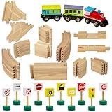 Dragon Drew Wooden Toy Train Tracks | 65 Piece | Tracks, Train, and Street Signs | Fits All Major Toy Brands