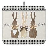 Happy Easter Bunny Dish Drying Mats for Kitchen Counter, Beige Rabbit Buffalo Plaid Microfiber Absorbent Dish Drainer/Rack Mat,Reversible Hangding Quick Drying kitchen Drying Mat, 16x18inch