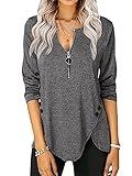 Women's Casual Long Sleeve Tunic Shirts Zipper V Neck Button Side Blouses Tops