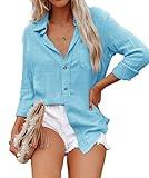 ZAAYO Collared Button Up Shirts for Women Long Sleeve Button Down Shirt Casual V Neck Linen Cotton Blouse Baby Blue