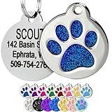 GoTags Paw Print Round Stainless Steel Pet Tag for Dogs and Cats, Personalized with 4 Lines of Custom Engraved ID Name and Number, in Stainless Steel and 15 Colors Small and Large, Glitter Blue