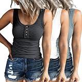 SUNBS 3 Pack Women Tank Tops Ribbed Summer Casual Sleeveless Basic Cami Top Trendy Slim Henley Button Down Blouses 2024 Grey White Blue M