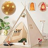 Tiny Land Kids-Teepee-Tent with Lights & Campfire Toy & Carry Case, Natural Cotton Canvas Toddler Tent - Washable Foldable Teepee Tent for Kids Indoor Tent, Outdoor Play Tent for Girls & Boys