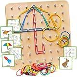 Panda Brothers Wooden Geoboard - Montessori Toys for 3 4 5 Year Old Kids and Toddlers, Educational Toy with 30 Pattern Cards and 40 Rubber Bands to Create Figures, Brain Teaser STEM Toy Geo Board