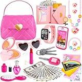 Kids Play Purse for Little Girls Toddlers, Toy Purse with Accessories, Wallet, Fake Phone, Fake Makeup Toys & Play Jewelry, Toddler Pretend Play Toys for Girls, Little Girl Gifts Age 3 4 5 6 Year Old