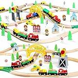 TOY Life Train Set 60pcs Wooden Train Set with Crane, Wooden Train Tracks Toy Train Set for Toddlers 3 4 5, Wooden Toys Train Set for Kids Girls Boys 4-8 - Fits Thomas Brio Melisa Train Track Set