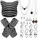 Quelay 22 Pcs Y2k Grunge Knitted Cat Beanie with Fairy Grunge Ripped Glove Earrings Necklace Rings Set Devil Horn Grunge Accessories Slouchy Hat Crochet Beanie with Ears (Black)