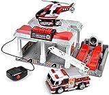 Fire and Rescue Garage Lights and Sounds Toy Set for Kids | Working Intercom with Open and Close Parking Garage and Vehicle Lift | Playset Includes Helicopter and Fire Truck with Friction Motor