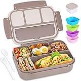 Bento Box Adult Lunch Box, Containers for Adults Men Women with 4 Compartments, Lunchable Food Container with Utensils, Sauce Jar, Muffin Liners, 40 Oz/5 Cup, Microwave & Dishwasher Safe, Brown