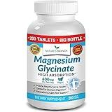 Magnesium Glycinate 400 mg - 200 Tablets - High Absorption, Non Buffered Bisglycinate Mag Supplement for Sleep, Leg Cramps, Heart, Ease Muscles, Calm Headaches for Women and Men, Non Powder Capsules