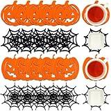 24Pcs Felt Pumpkin Spider Web Coasters Halloween Drink Coasters Orange Pumpkin Black Spiderweb Non-Slip Heat Resistant Cup Tea Coffee Mat Table Decor for Home Kitchen Party Table Decoration