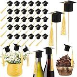 Spakon 50 Pack Graduation Cap Cupcake Toppers with Gold Tassels Chocolate Decorations Paper Grad Cupcake Picks for Crafts for Graduation Party Supplies Black and Gold