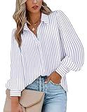 Zeagoo Womens Button Down Shirts Striped Lantern Long Sleeves Shirt Oversized V Neck Blouses Tops