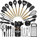 Kitchen Utensils Set- 34PCS Silicone Cooking Utensils with Holder, Umite Chef Heat Resistant Kitchen Utensil Spatula Set for Nonstick Cookware, Black Wooden Handles Kitchen Gadgets Tools Set