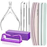 FANDAMEI Manicure and Pedicure Tools Kit, Nail Files 100/180, Nail Buffer Block, Nail Cuticle Nippers, Cuticle Pusher, Cuticle Peeler, Nail Lifter for Ingrown Toenails, Toenail File, Purple