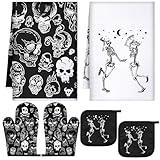 Leinuosen 6 Pcs Halloween Kitchen Towels Oven Mitts and Pot Holders Set Skeleton Dish Towels Skull Oven Mitt Set for Halloween for Home Cooking Dish Baking Decorative