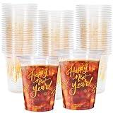 Whaline 50Pcs 12oz Happy New Year Disposable Cups Gold Plastic Party Cups New Year Eve Clear Plastic Glasses for Winter Holiday Drinks Party Supplies