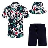 EISHOPEER Men's Flower Button Down Hawaiian Sets Casual Tropical Shirt and Swim Shorts Beach Suits Navy & White Flower with Hat Medium