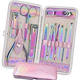 Manicure Set Nail Clippers Pedicure Kit - 12pcs Stainless Steel Nail Kit, Colorful Professional Nail Care Kit Nail Files & Scissors Tools for Hands Foot Facial - Pink