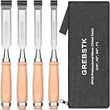 GREBSTK 9.5in Wood Chisel Set for Woodworking, 4pcs Chrome Vanadium Steel Bevel-Edge Bench Chisels with Cap, Comfortable Beech High Impact Handle, with Oxford Bag