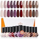 modelones Nail Polish Set 12 Colors Burgundy Red Fall Nail Polish Set Champagne Gold Glitter Nail Polish Dark Red Purple Shimmer Fall Winter Brown Nail Gifts for Women Girl DIY Salon Home Manicure