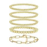 shownee Gold Beaded Bracelet for Women 14K Gold Plated Bracelets Gold Stretch Bead Ball Bracelet Hypoallergenic Stackable Bracelet Set 6.8 inch