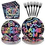 96Pcs Video Game Birthday Decorations Neon Video Game On Party Plates Disposable 350GSM Neon Glow Game On Paper Tableware Set for Kids Boys Girls Video Gaming Level Up Birthday Party, Serves 24