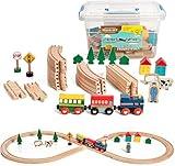 On Track USA Wooden Train Set 35 Piece All in One Wooden Toy Train Tracks Set with Magnetic Trains and Railway Accessories, Comes in A Clear Container, Compatible with All Major Brands