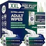 Adult Wipes For Elderly - 8"x13" 240ct (4 Packs of 60) Huge & Super Soft Body Wipes for Adults Bathing No-Rinse - Thick Incontinence Disposable Washcloths, Vitamin E & Aloe Infused Shower Wipes.