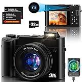 4K Digital Camera, 64MP Dual Cameras for Photography Autofocus Anti-Shake, Video Vlogging Camera for YouTube, Compact Travel Camera with 32GB SD Card, 16X Digital Zoom, Flashlight, 2 Batteries+Charger