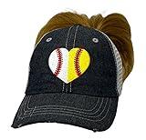 Cocomo Soul Womens Heart Ball MOM Softball Mom Messy BUN HIGH Ponytail Baseball Mom Hat Cap Dark Grey