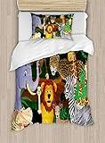 Ambesonne Zoo Duvet Cover Set, Animals in The Jungle Funny Expressions Exotic Comic Cheer Natural Habitat Illustration, Decorative 2 Piece Bedding Set with 1 Pillow Sham, Twin Size, Pine Green