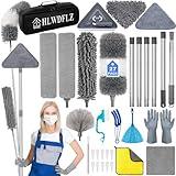 HLWDFLZ Microfiber Duster Kit 27pcs with 30 to 100 Inches Extension Pole and Wall Cleaner Mop, Washable and Bendable Feather Duster for Cleaning Ceiling Fans, High Ceilings, Cobwebs, Blinds, Grey