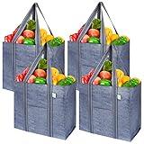 VENO 4 Pack Reusable Grocery Bags w/ Hard Bottom, Heavy-Duty Shopping Bags for Shopping Cart (Gray, 4 Pack)