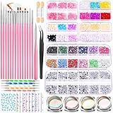 FANDAMEI Nail Art Brushes Set, Nail Art Kit, Nail Design Kit, Nail Dotting Tools, Nail Kit for Beginners, Chrome Nail Powder, Nail Stickers, Nail Rhinestones, Nail Charms Gems Nail Art Decoration Kit